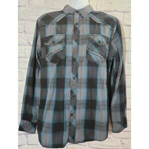 Rerun Blue Black Plaid Button Up Roll Tab Sleeves Men's Shirt Medium